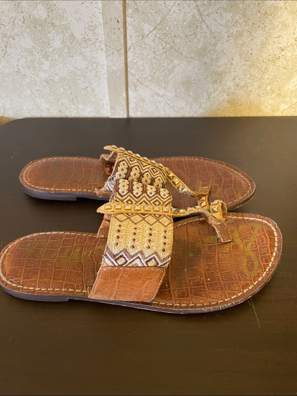Sam Edelman Brown and Tan Embroidered Leather Slide Sandals
